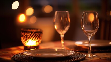 Romantic dinner for two with candlelit wine glasses, a moment of love and connection