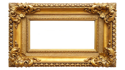 An empty antique golden picture frame with ornate carvings, isolated on a white background