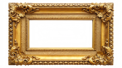 An empty antique golden picture frame with ornate carvings, isolated on a white background