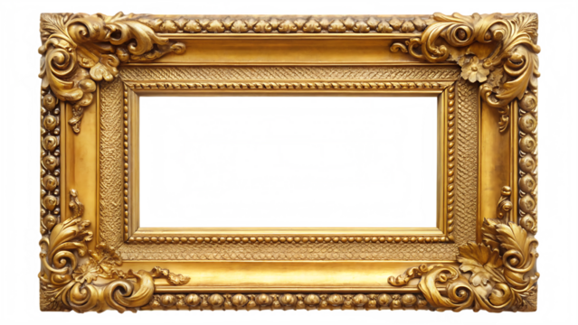 An empty antique golden picture frame with ornate carvings, isolated on a white background