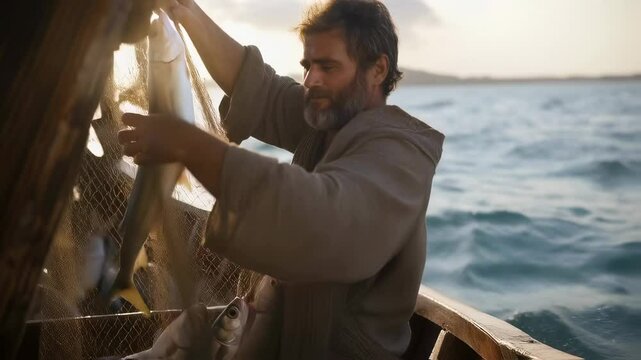Apostle Peter and the miraculous catch of fish. Fisherman in a boat, pulling his nets with fish, ancient times. For gospel editions
