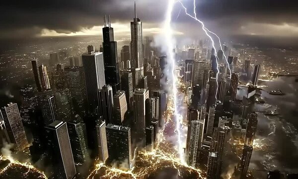 Stormy cityscape lightning striking metropolis
