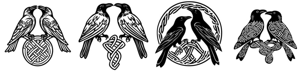 Modern illustration featuring two black crows in Old Norse Celtic style, set against a black background