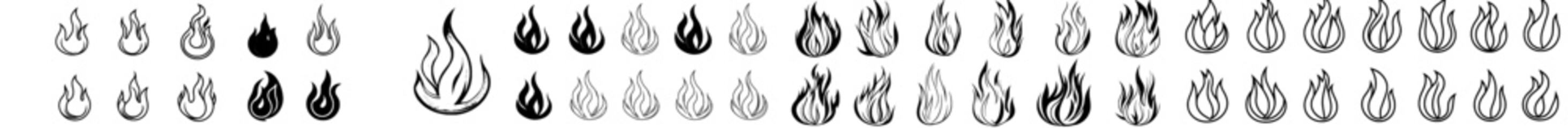 Fototapeta na wymiar A set of fire flame icons is available, featuring flames, flame symbols, and fire silhouettes in various colors including red, orange, and black, with a modern line style