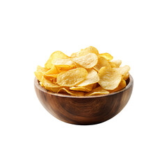 Wooden bowl of delicious potato chips isolated on a transparent background, in a PNG format