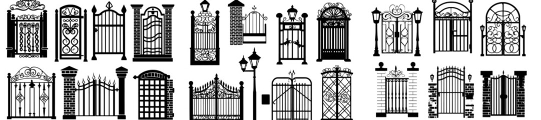 Flat cartoon design is used to depict a richly decorated set of forged gates, shown in multiple styles and flanked by pillars made of brick and stone