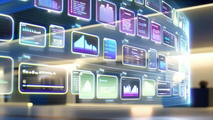Abstract digital information display with graphs, charts, and data visualizations in modern office setting showcasing technology solutions. - Powered by Adobe