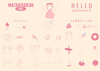 summer girly vacation illustration set in sketch style. Hand drawn girl, ice cream, serf, bikini, seashell, serfing, boat, sun, sea, beach, ocean, fish collection for card, prints, social, invitation.