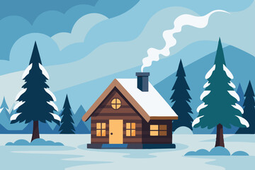 cozy winter cabin in woods with smoke and snow vector illustration