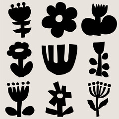 A grid of nine abstract modern art minimalist black and white cutout floral designs. Vector seamless pattern with bold botanical shapes. Home decor poster illustration