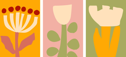 A collection of three abstract modern art illustrations of cutout flowers, minimalist design, pastel colors home decor vector posters
