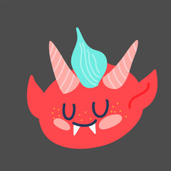 Vector Halloween cute monster illustration featuring a playful and spooky kawaii character with horns, fangs, freckles, and a whimsical design, perfect for kids and holiday decoration