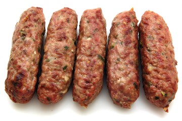 Five grilled cevapcici on a white surface