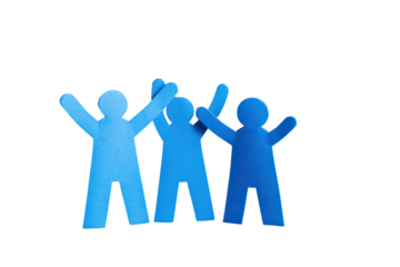 Four paper cutouts, blue figures, linked arms, celebrating