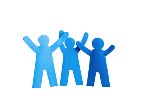 Four paper cutouts, blue figures, linked arms, celebrating