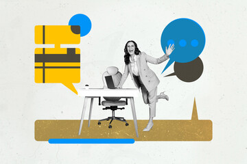 Full 3d poster art collage of happy girl guy stand colorful icon bubble communication chat dialogue...