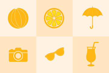 Summer beach vector design set with orange drink glasses camera beach ball and umbrella