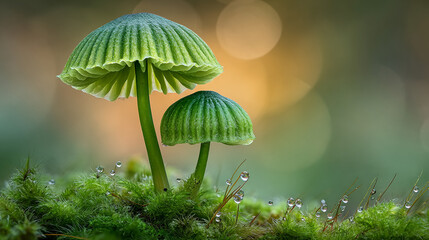 Fototapeta premium Dew-Kissed Mushrooms on Mossy Ground A Close-Up of Nature's Beauty in a Lush Green Environment