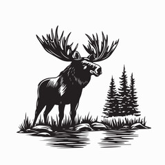 A majestic moose stands in a tranquil lake surrounded by the beauty of nature Silhouette vector.
