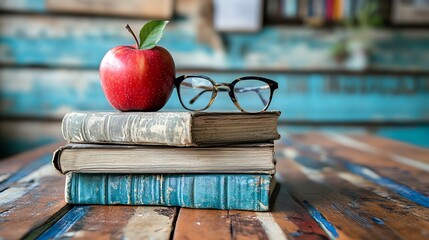 A stack of aged books with an apple and glasses resting on top, set against a rustic wooden backdrop.