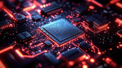 Obraz premium Close-up of a Computer Microchip with Glowing Circuits