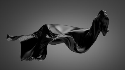 3d rendering. Black silk drapery levitating in the darkness, illuminated by dramatic light. A piece of cloth is blown by the wind