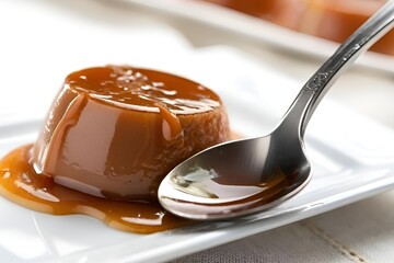 Fototapeta premium Luxurious Caramel Gloss on Silver Spoon – Indulgent Culinary Close-Up