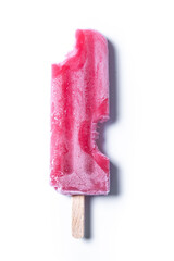 Bitten red strawberry popsicles isolated on white background