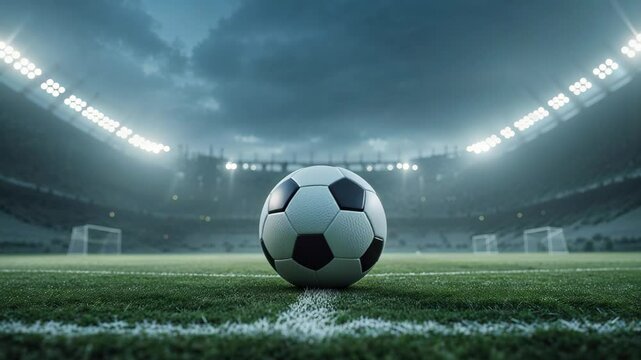 Dramatic Low-Angle Shot of a Soccer Ball on a Misty Field Under Stadium Lights for Sports Video Themes - Powered by Adobe