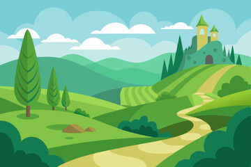 Fototapeta premium fairytale landscape with rolling green hills vector illustration