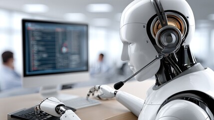 Female humanoid robot focused on tasks at an office desk, engaging with multiple screens while wearing a headset in a bright environment