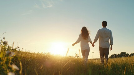 Couple walking hand in hand through a golden field during sunset in a peaceful outdoor setting