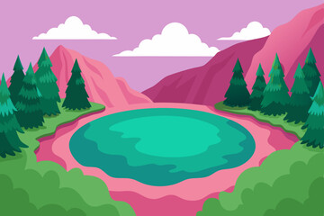 Obraz premium Pink lake surrounded by green forest landscape vector illustration