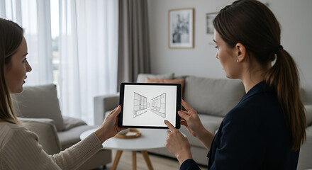 Two young women in casual and business attire review a digital home design plan on a tablet in a living room setting. Interior design consultation in modern home.