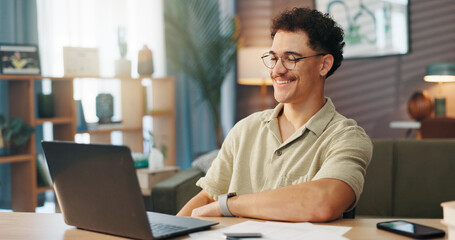 Man, laptop and happy in home for email, personal finances and startup expenses with documents....