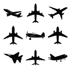 Airplane flying silhouette icon set clipart black & white