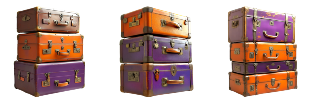Set of various Tall stack of Purple, orange and leather vintage luggage isolated on transparent background - Powered by Adobe