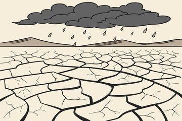 Cracked Dry Desert Floor with Approaching Storm Clouds Vector Illustration