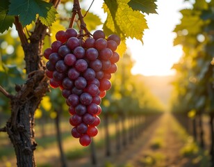 Naklejka premium Ripe red grapes hang in lush clusters on the vine, ready for autumn harvest in the vineyard