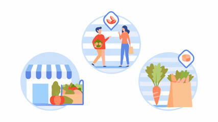 Obraz premium Illustration showing people shopping for groceries and fresh produce at a local market setting scene