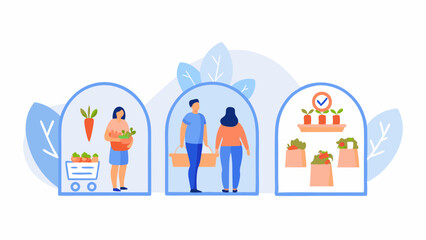 Illustration showing people shopping for fresh produce and plants at a market with a focus on local sourcing