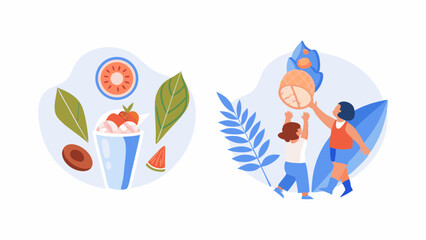 Illustration of smoothie with fruit and children playing with nuts and stylized plants around them