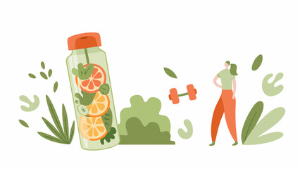 Infused water bottle with citrus and mint near woman with dumbbell and foliage illustration art