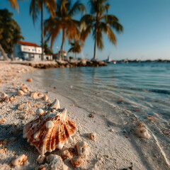 Seashell serenity on tropical beach, caribbean ocean shore, tranquil paradise view