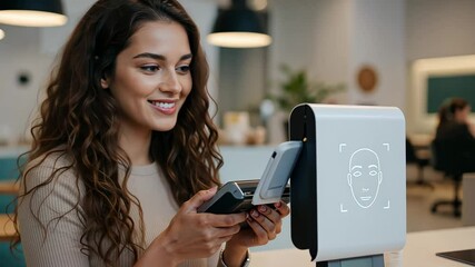 Smiling woman using facial recognition payment technology at modern cafe - Powered by Adobe