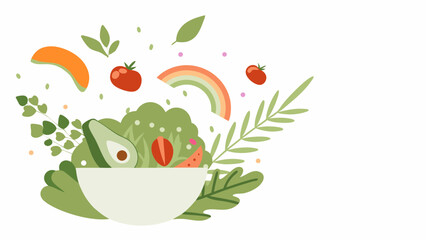Illustration of a salad bowl with avocado, tomato, watermelon, rainbow, and leaves on a white background