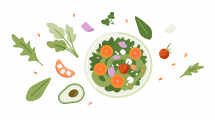 Overhead shot of a vibrant salad with tomatoes avocado and mixed greens on a white background spread out