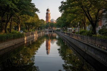 Mirror tower beside water canal with perfect reflection