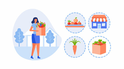 Woman holding shopping bag with fruits and vegetables with farm market icons in the background scene