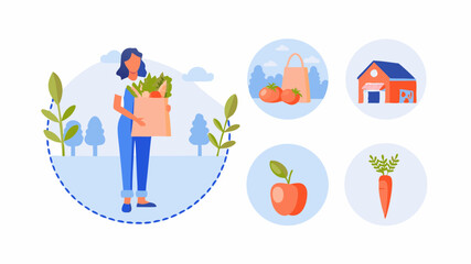 A woman holding a grocery bag with vegetables and fruits with icons of local farm products around her